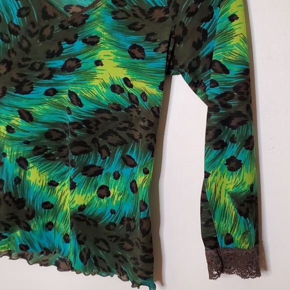 Playful Peacock Brightly Colored Leopard Blend V-Neck with Lace Edging - Picture 2 of 13
